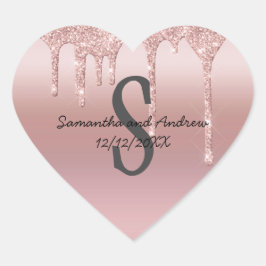 Monogram Roséguld Drip Glitter Röda Bröllop Hjärtformat Klistermärke