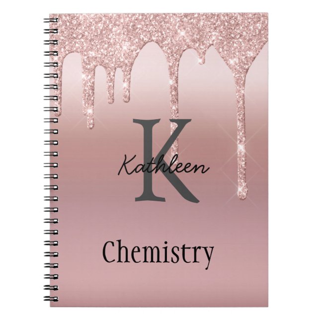 Monogram Roséguld Drip Glitter Rosablommig Trendig Anteckningsbok (Framsidan)