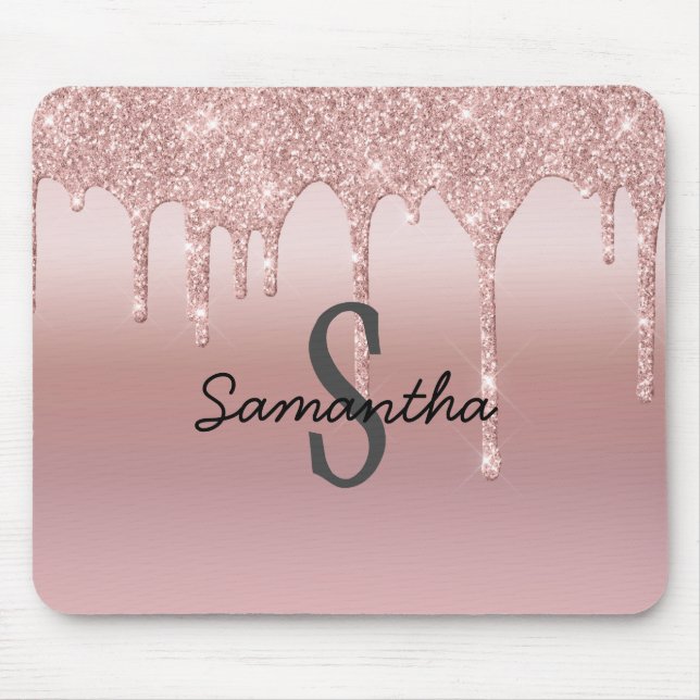 Monogram Roséguld Drip Glitter Rosablommig Trendig Musmatta (Framsidan)