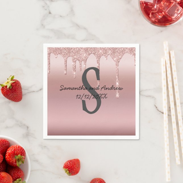 Monogram Roséguld Drip Glitter Rosablommig Trendig Pappersservett (Insitu)