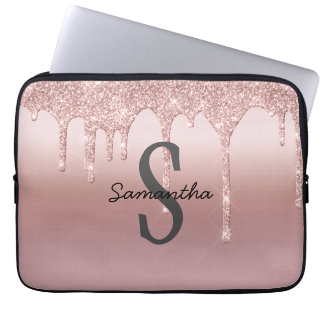 Monogram roséguld droppande glitter rosa trendig  laptop fodral (Framsidan)