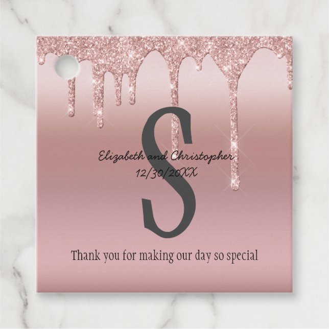 Monogram roséguld droppande glitter rosabruden gåvor etiketter (Framsida)