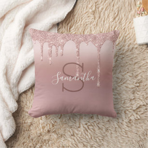 Monogram roséguld glitter dropp blush rosa trendig kudde