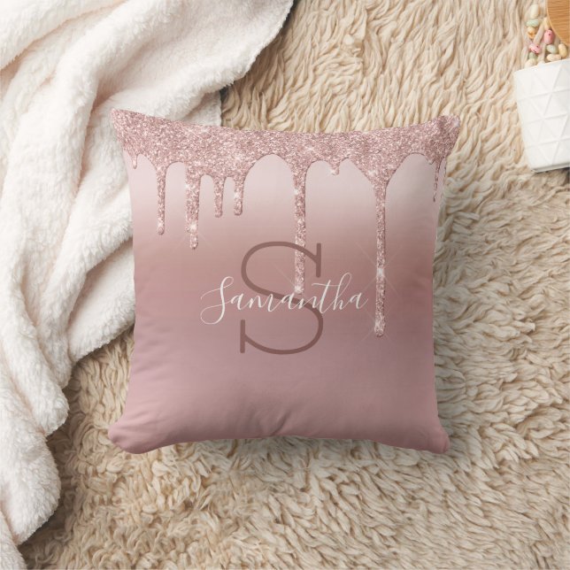 Monogram roséguld glitter dropp blush rosa trendig kudde (Filt)