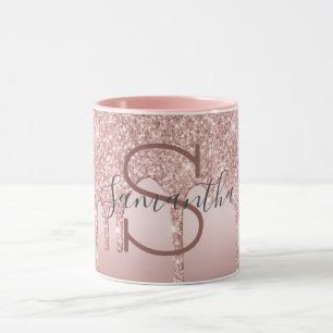 Monogram roséguld glitter dropp blush rosa trendig mugg