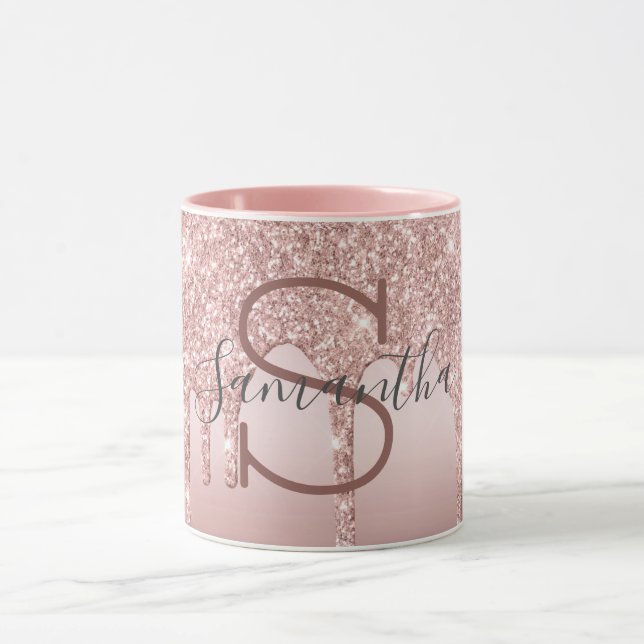 Monogram roséguld glitter dropp blush rosa trendig mugg (Center)