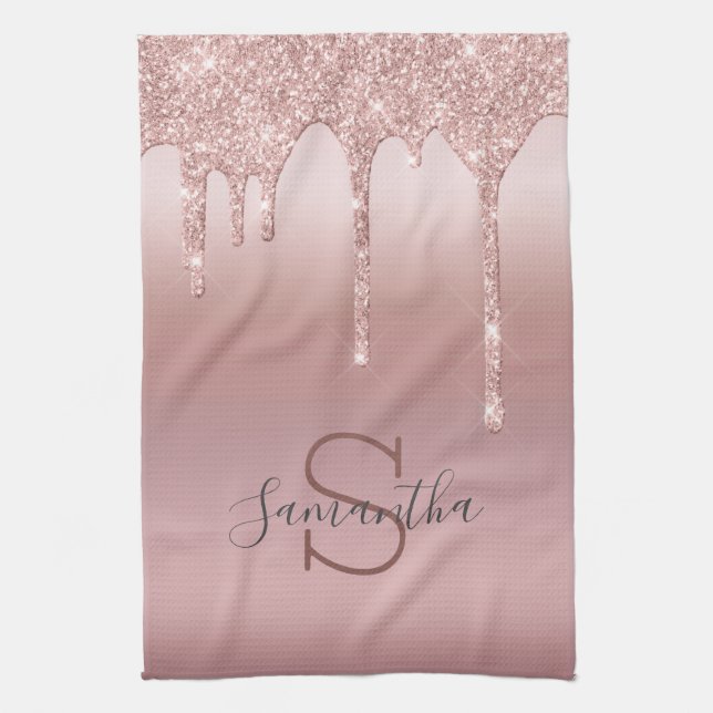 Monogram Roséguld Glitter Dropp Röda Trendy Kökshandduk (Vertikal)