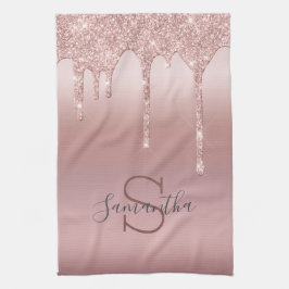 Monogram roséguld glitter dropp rosa trendig kökshandduk