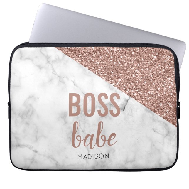 Monogram Roséguld Glitter | Marmor  Boss Babe Laptop Fodral (Framsidan)