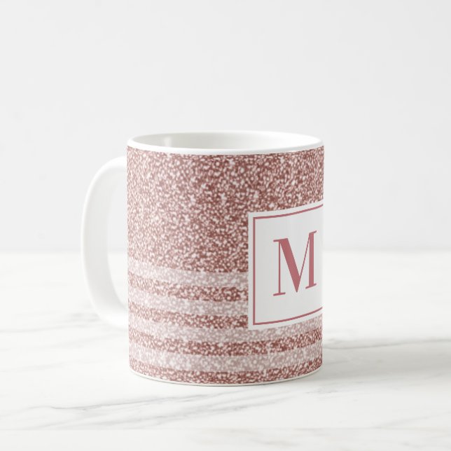 Monogram Roséguld Glitter Randigt Mönster Kaffemugg (Framsida vänster)
