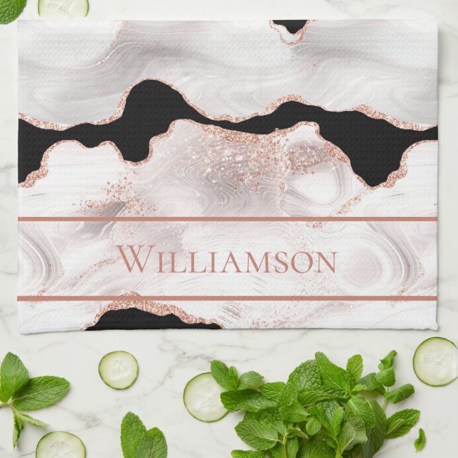 Monogram Roséguld Glitteragat Svart Vitt Virvel Kökshandduk (Vikta)