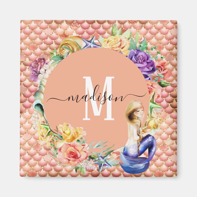 Monogram roséguld glitterfiskfjäll kul magn magnet (Framsidan)