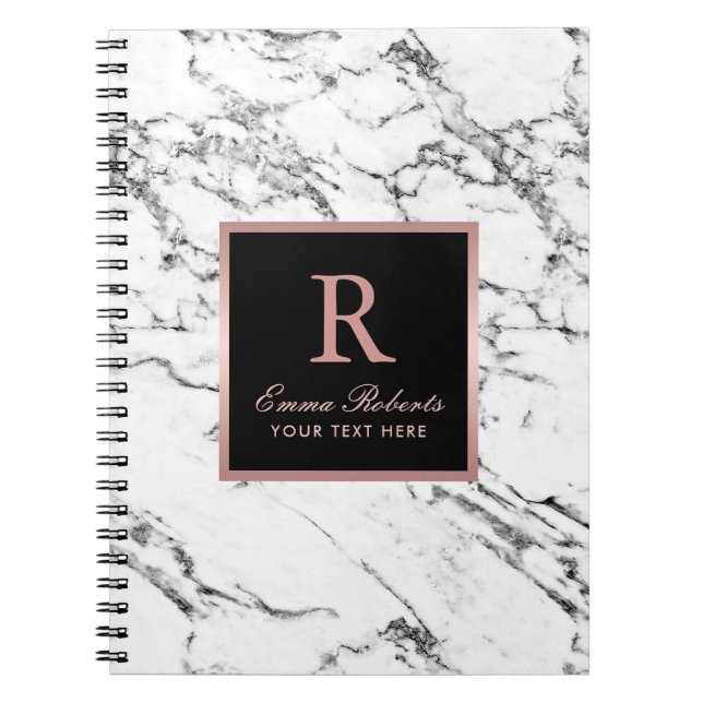 Monogram Roséguld Initial Elegant Vit Marmor Anteckningsbok (Framsidan)