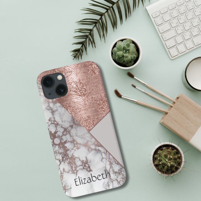 Monogram Roséguld Marmor Vit Grå Geometrisk (Monogrammed Personalized Rose Gold Glitter Marble Geometric Abstract iPhone case )
