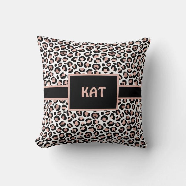 Monogram roséguld och svart leopardtryck  kudde (Framsida)