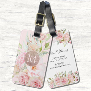 Monogram Roséguld Rosa Vattenfärg Blommig  Bagagebricka