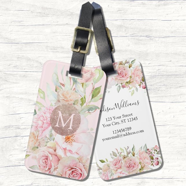 Monogram Roséguld Rosa Vattenfärg Blommig  Bagagebricka (Front and Back)