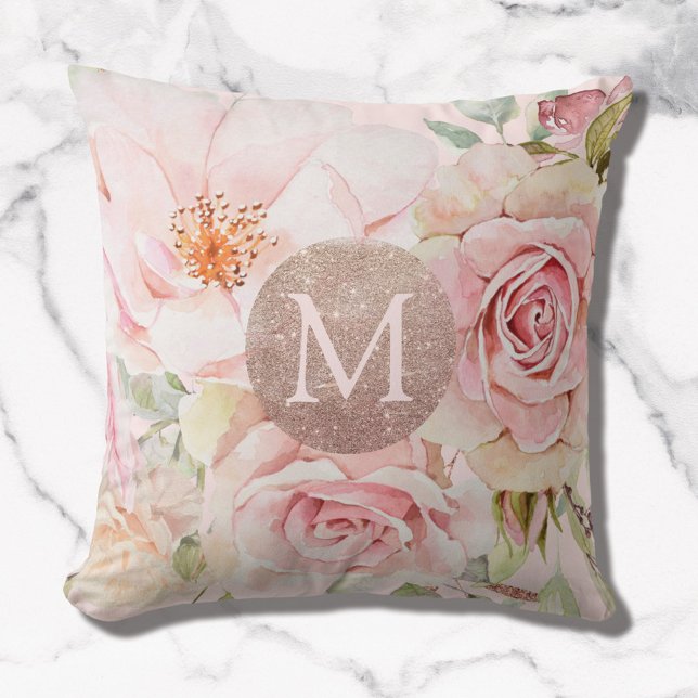 Monogram Roséguld Rosa Vattenfärg Blommig  Kudde (Close up)