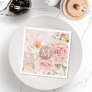Monogram Roséguld Rosa Vattenfärg Blommig Pappersservett