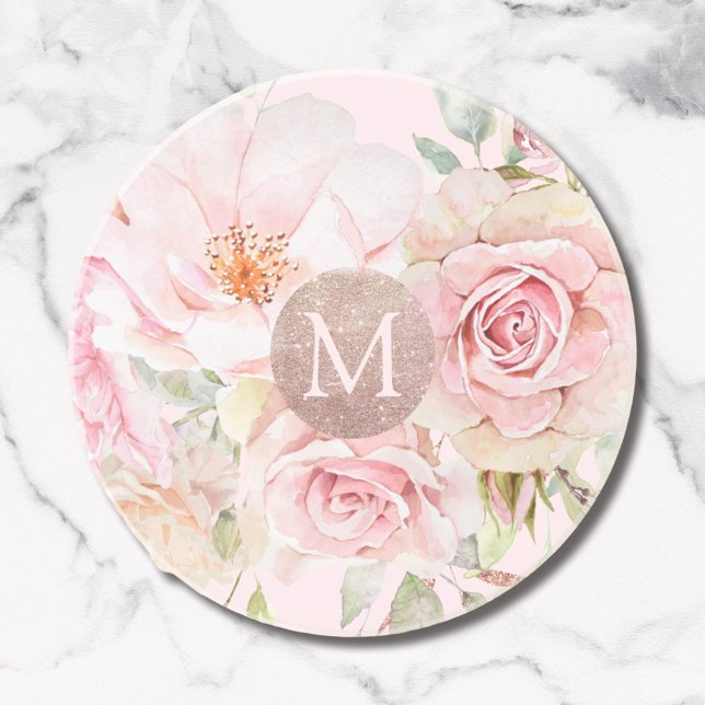 Monogram Roséguld Rosa Vattenfärg Blommig  Underlägg (Close up)