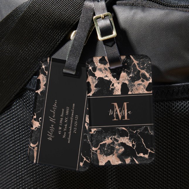 Monogram Roséguld Svart Marmor Bagagebricka (Monogram Rose Gold Black Marble Luggage Tag)