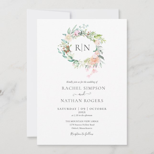Monogram Rosor Grönska Blommig Bröllop Inbjudningar (Framsida)