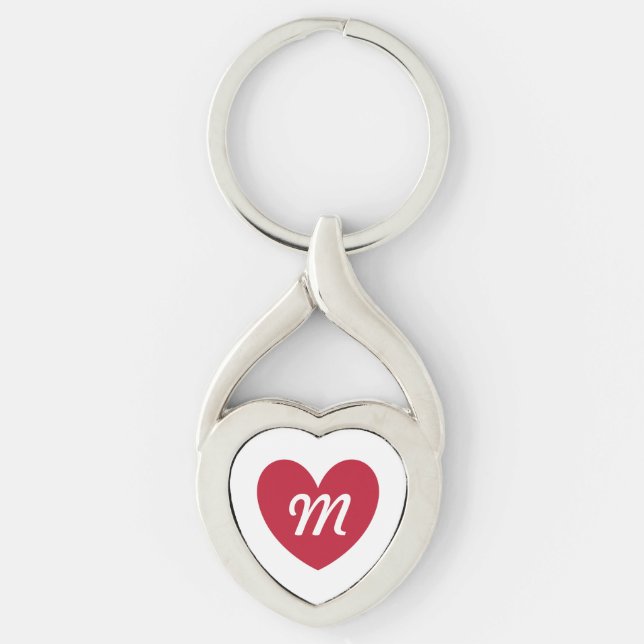 Monogram rött hjärta på vitt twisted heart silverfärgad nyckelring (Framsidan)
