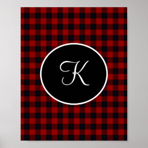 Monogram rött och svart Buffalo-rutig falsk Poster