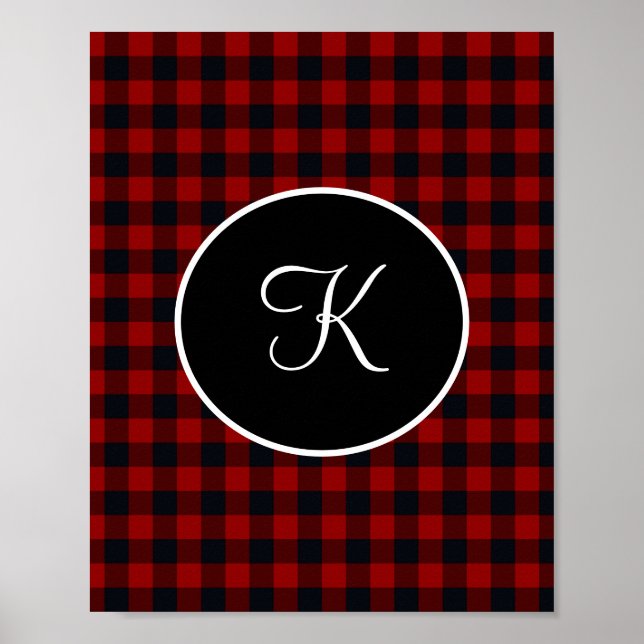 Monogram rött och svart Buffalo-rutig falsk  Poster (Framsidan)