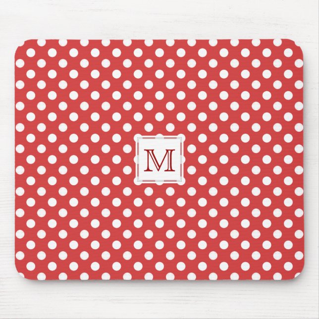 Monogram: Rött & vit Polka-Pricka Mousepad Musmatta (Framsidan)