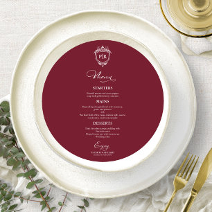 Monogram Round Bröllop Menu-kort Burgundy Meny