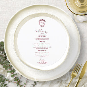 Monogram Round Bröllop Menu-kort Burgundy Meny