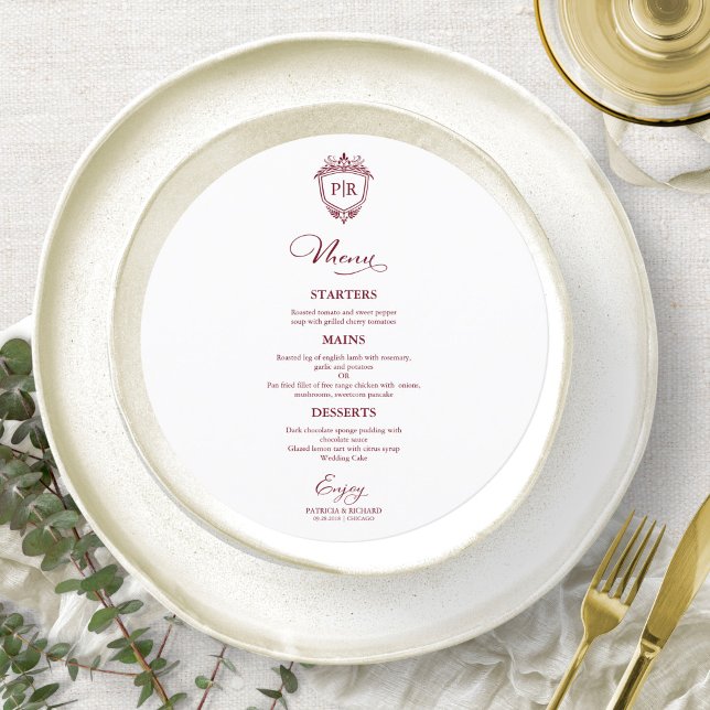 Monogram Round Bröllop Menu-kort Burgundy Meny (Skapare uppladdad)