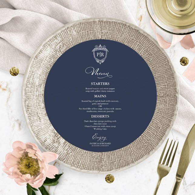Monogram Round Bröllop Menu-kort - marinblå Meny (Skapare uppladdad)