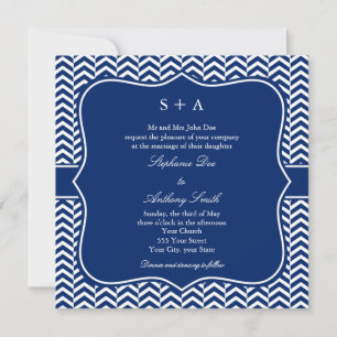 Monogram Royal Blue Chevron Mönster Bröllop Inbjudningar