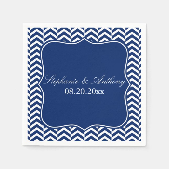Monogram Royal Blue Chevron Mönster Bröllop Pappersservett (Framsidan)