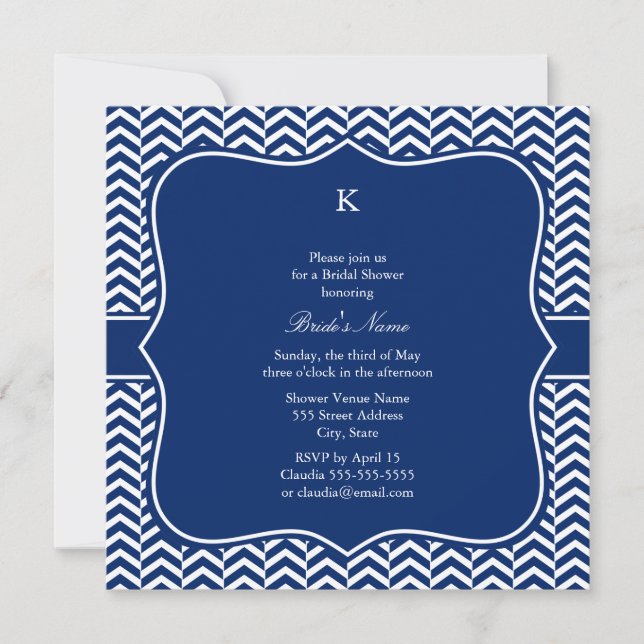 Monogram Royal Blue Chevron Mönster Möhippa Inbjudningar (Framsida)
