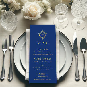 Monogram Royal Blue Faux Gold Foil Vapensköld Bröl Meny