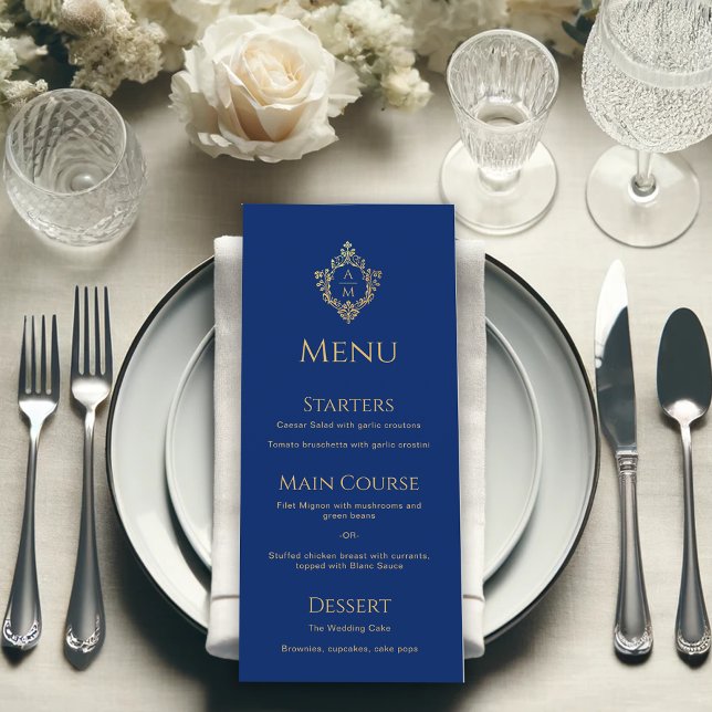 Monogram Royal Blue Faux Gold Foil Vapensköld Bröl Meny (Skapare uppladdad)