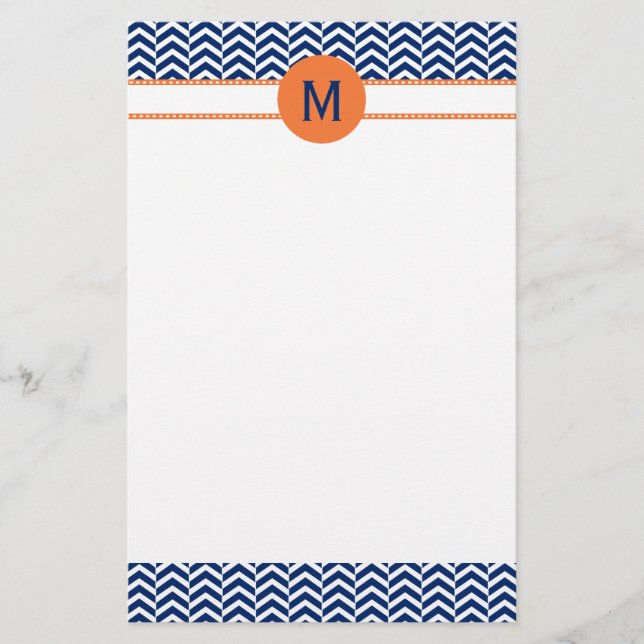 Monogram Royal Blue med Orange Chevron Mönster Brevpapper (Framsida)