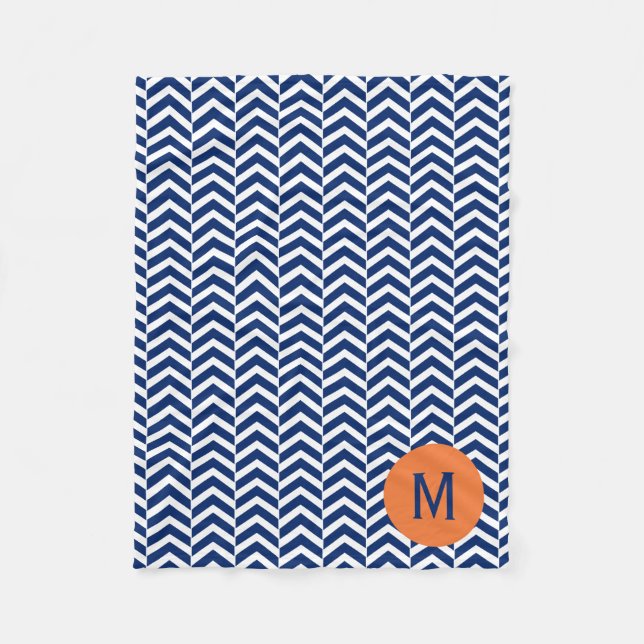 Monogram Royal Blue med Orange Chevron Mönster Fleecefilt (Framsidan)