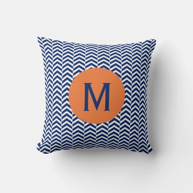 Monogram Royal Blue med Orange Chevron Mönster Kudde (Framsida)