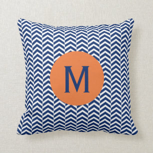 Monogram Royal Blue med Orange Chevron Mönster Kudde
