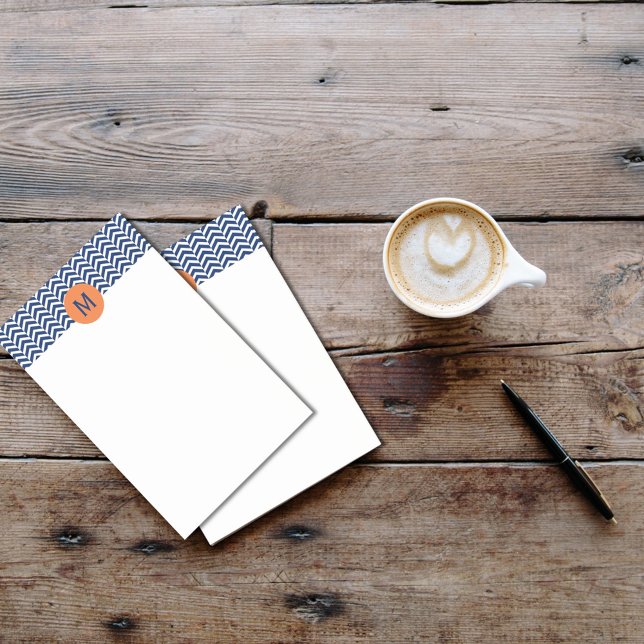 Monogram Royal Blue med Orange Chevron Mönster Post-it Block (Skapare uppladdad)