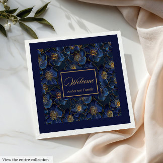Monogram Royal Blue Napkins Guld Flowers Modern Pappersservett