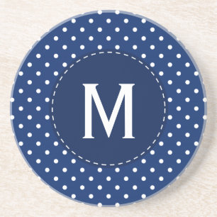Monogram Royal Blue och White Polka Dot Mönster Underlägg Sandsten