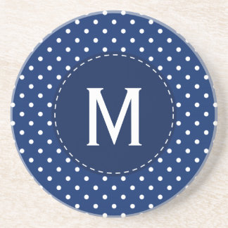 Monogram Royal Blue och White Polka Dot Mönster Underlägg Sandsten
