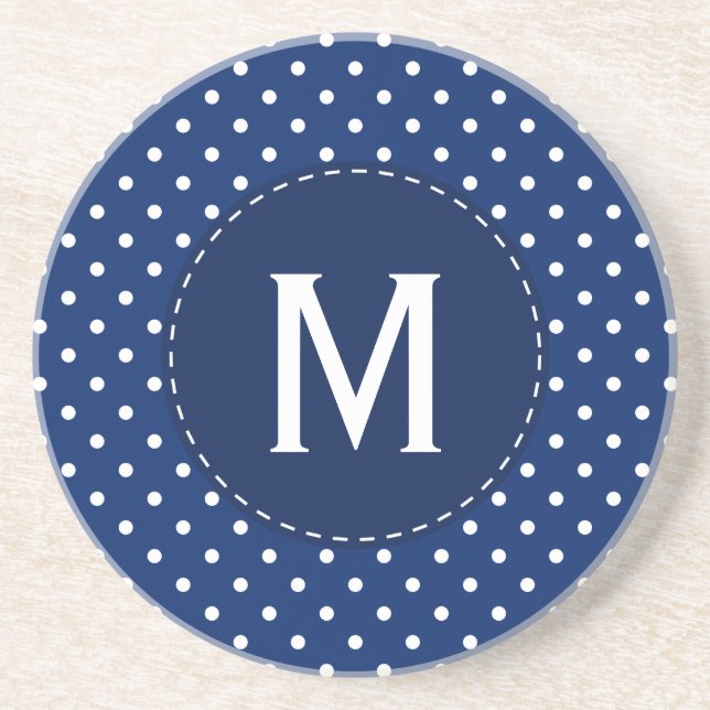Monogram Royal Blue och White Polka Dot Mönster Underlägg Sandsten (Framsidan)