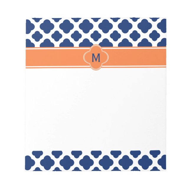 Monogram Royal Blue Quatrefoil Mönster med Orange Anteckningsblock (Framsida)