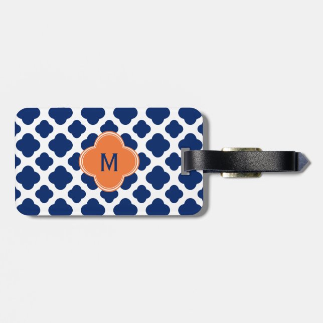 Monogram Royal Blue Quatrefoil Mönster med Orange Bagagebricka (Baksida Vågrät)